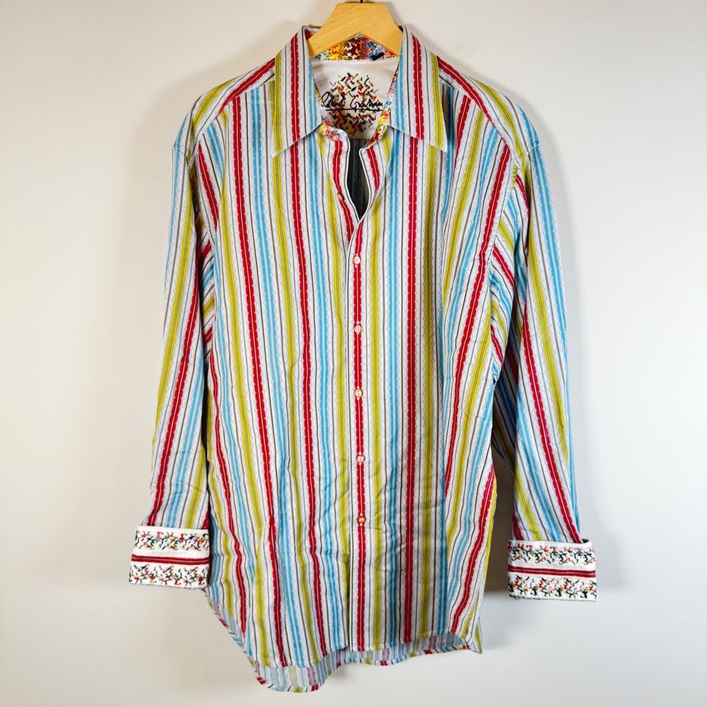 Robert Graham Striped Button Up Shirt XL Multicolor Embroidered Flip Cuffs